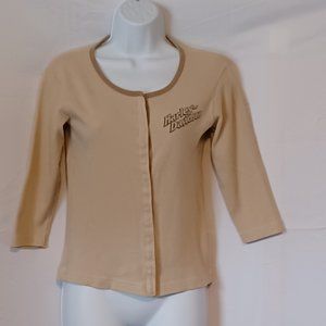 Harley Davidson Y2K Vintage Snap Front T-shirt Womens M Round Neck Tan Cardigan
